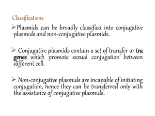 Classifications
Plasmids can be broadly classified into conjugative
plasmids and non-conjugative plasmids.
 Conjugative plasmids contain a set of transfer or tra
genes which promote sexual conjugation between
different cell.
 Non-conjugative plasmids are incapable of initiating
conjugation, hence they can be transferred only with
the assistance of conjugative plasmids.
 
