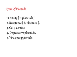 Types Of Plasmids
1.Fertility [ F-plasmids ].
2. Resistance [ R-plasmids ].
3. Col plasmids.
4. Degradative plasmids.
5. Virulence plasmids.
 