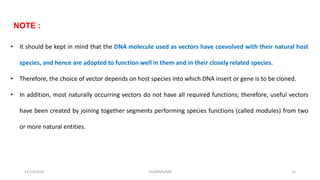 NOTE :
• It should be kept in mind that the DNA molecule used as vectors have coevolved with their natural host
species, and hence are adopted to function well in them and in their closely related species.
• Therefore, the choice of vector depends on host species into which DNA insert or gene is to be cloned.
• In addition, most naturally occurring vectors do not have all required functions; therefore, useful vectors
have been created by joining together segments performing species functions (called modules) from two
or more natural entities.
12/10/2019 DS/RKMV/MB 14
 