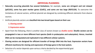 ARTIFICIAL PLASMIDS:
• Naturally occurring plasmids has several limitations; for example, some are stringent and not relaxed
(pSC101), some has poor marker genes (ColE1), and some are too large (RSF2124). To overcome the
limitations of natural vectors, artificial plasmid are designed by combining different elements from diverse
sources.
• Artificial plasmids vectors are classified into two broad types based on their use:
1. Cloning vector
2. Expression vector
• Apart from the following, there is another class of vectors known as shuttle vector. Shuttle vectors can be
propagated in two or more different host species (both in prokaryotes and eukaryotes). Hence, inserted
DNA can be manipulated and replicated in two different cellular systems.
• Cloning vectors are designed for efficient transfer of foreign DNA into the host. Expression vectors have
efficient machinery for cloning and expression of foreign gene in the host system.
• Selection of a vector depends upon various criteria decided by the experimental goal.
12/10/2019 DS/RKMV/MB 17
 
