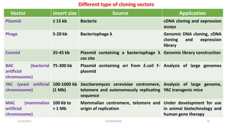 Different type of cloning vectors
Vector Insert size Source Application
Plasmid ≤ 15 kb Bacteria cDNA cloning and expression
assays
Phage 5-20 kb Bacteriophage λ Genomic DNA cloning, cDNA
cloning and expression
library
Cosmid 35-45 kb Plasmid containing a bacteriophage λ
cos site
Genomic library construction
BAC (bacterial
artificial
chromosome)
75-300 kb Plasmid ocntaining ori from E.coli F-
plasmid
Analysis of large genomes
YAC (yeast artificial
chromosome)
100-1000 kb
(1 Mb)
Saccharomyces cerevisiae centromere,
telomere and autonomously replicating
sequence
Analysis of large genome,
YAC transgenic mice
MAC (mammalian
artificial
chromosome)
100 kb to
> 1 Mb
Mammalian centromere, telomere and
origin of replication
Under development for use
in animal biotechnology and
human gene therapy
12/10/2019 DS/RKMV/MB 20
 