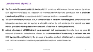 12/10/2019 DS/RKMV/MB 22
1) The first useful feature of pBR322 is its size. pBR322 is 4363 bp, which means that not only can the vector
itself be purified with ease, but so too can any recombinant DNA molecules constructed with it. Even with
6 kb of additional DNA, a recombinant pBR322 molecule is still of a manageable size.
2) The second feature of pBR322 is that, it carries two sets of antibiotic resistance genes. Either ampicillin or
tetracycline resistance can be used as a selectable marker for cells containing the plasmid, and each
marker gene contains unique restriction sites that can be used in cloning experiments.
3) A third advantage of pBR322 is that it has a reasonably high copy number. Generally, there are about 15
molecules present in a transformed E. coli cell, but this number can be increased up to between 1000 and
3000 by plasmid amplification in the presence of a protein synthesis inhibitor such as chloramphenicol.
An E. coli culture therefore provides a good yield of recombinant pBR322 molecules.
Useful features of pBR322
 