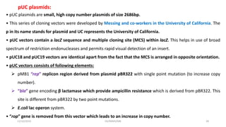 pUC plasmids:
• pUC plasmids are small, high copy number plasmids of size 2686bp.
• This series of cloning vectors were developed by Messing and co-workers in the University of California. The
p in its name stands for plasmid and UC represents the University of California.
• pUC vectors contain a lacZ sequence and multiple cloning site (MCS) within lacZ. This helps in use of broad
spectrum of restriction endonucleases and permits rapid visual detection of an insert.
• pUC18 and pUC19 vectors are identical apart from the fact that the MCS is arranged in opposite orientation.
• pUC vectors consists of following elements:
 pMB1 “rep” replicon region derived from plasmid pBR322 with single point mutation (to increase copy
number).
 “bla” gene encoding β lactamase which provide ampicillin resistance which is derived from pBR322. This
site is different from pBR322 by two point mutations.
 E.coli lac operon system.
• “rop” gene is removed from this vector which leads to an increase in copy number.
12/10/2019 DS/RKMV/MB 28
 