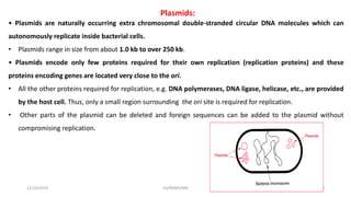 Plasmids:
• Plasmids are naturally occurring extra chromosomal double-stranded circular DNA molecules which can
autonomously replicate inside bacterial cells.
• Plasmids range in size from about 1.0 kb to over 250 kb.
• Plasmids encode only few proteins required for their own replication (replication proteins) and these
proteins encoding genes are located very close to the ori.
• All the other proteins required for replication, e.g. DNA polymerases, DNA ligase, helicase, etc., are provided
by the host cell. Thus, only a small region surrounding the ori site is required for replication.
• Other parts of the plasmid can be deleted and foreign sequences can be added to the plasmid without
compromising replication.
12/10/2019 DS/RKMV/MB 3
 