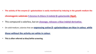 12/10/2019 DS/RKMV/MB 33
• The activity of the enzyme β –galactosidase is easily monitored by inducing in the growth medium the
chromogenic substrate 5-bromo-4-chloro-3-indolyl-β–galactoside (Xgal).
• This compound is colorless, but on cleavage, releases a blue indolyl derivative.
• On solid medium, colonies that are expressing active β –galactosidase are blue in colour, while
those without the activity are white in colour.
• This is often referred as blue/white screening.
 