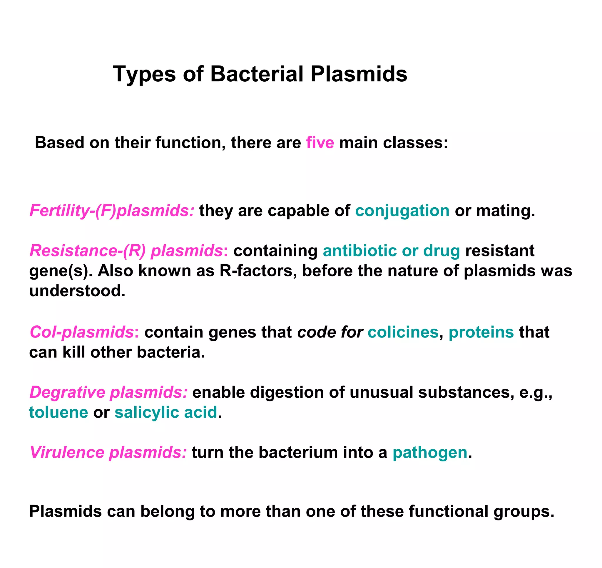 Types of Bacterial Plasmids 
Based on their function, there are five main classes: 
Fertility-(F)plasmids: they are capable of conjugation or mating. 
Resistance-(R) plasmids: containing antibiotic or drug resistant 
gene(s). Also known as R-factors, before the nature of plasmids was 
understood. 
Col-plasmids: contain genes that code for colicines, proteins that 
can kill other bacteria. 
Degrative plasmids: enable digestion of unusual substances, e.g., 
toluene or salicylic acid. 
Virulence plasmids: turn the bacterium into a pathogen. 
Plasmids can belong to more than one of these functional groups. 
 