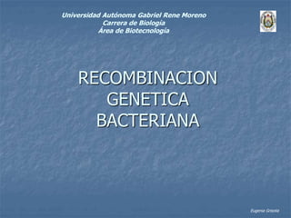 RECOMBINACION
GENETICA
BACTERIANA
Eugenia Grisolia
Universidad Autónoma Gabriel Rene Moreno
Carrera de Biología
Área de Biotecnología
 