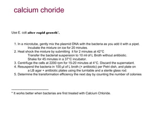 calcium choride

Use E. coli after rapid growth*.


 1. In a microtube, gently mix the plasmid DNA with the bacteria as you add it with a pipet.
           Incubate the mixture on ice for 20 minutes.
 2. Heat shock the mixture by submitting it for 2 minutes at 42°C
           Transfer the bacterial suspension to 10 ml of L Broth without antibiotic.
           Shake for 45 minutes in a 37°C incubator.
 3. Centrifuge the cells at 2200 rpm for 15-20 minutes at 4°C. Discard the supernatant.
 4. Resuspend the bacteria in 100 µl of L broth (+ antibiotic) per Petri dish, and plate on
           a LB agar + antibiotic plates using the turntable and a sterile glass rod.
 5. Determine the transformation efficiency the next day by counting the number of colonies



-----------------------------------
* It works better when bacterias are first treated with Calcium Chloride.
 