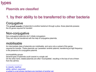 types
  Plasmids are classified

  1. by their ability to be transferred to other bacteria
  Conjugative
  The sexual transfer of plasmids to another bacterium through a pilus. those plasmids possess
  the 25 genes required for transfert


  Non-conjugative
  Non-conjugative plasmids don’t initiate conjugaison.
  They can only be transferred with the help of conjugative plasmids.


  mobilisable
  An intermediate class of plasmids are mobilisable, and carry only a subset of the genes
  required for transfer. These plasmids can 'parasitise' another plasmid, transferring at high frequency
  in the presence of a conjugative plasmid

  incompatibility groups:
  Several types of plasmids could coexist in a single cell.
  On the other hand, related plasmids are often 'incompatible', resulting in the loss of one of them
  from the cell line.

  ----------------------------
  to classify: clasificar
  ability: aptitud, capacidad
  a subset is a set whose members are members of another set.
 