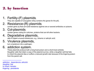 2. by function

1. Fertility-(F) plasmids,
      They are capable of conjugation (they contains the genes for the pili).

2. Resistance-(R) plasmids,
      contain gene (s) that can build resistance against one or several antibiotics or poisons.

3. Col-plasmids,
      contain genes coding for colicines, proteins that can kill other bacteria.

4. Degradative plasmids,
      able to digest unusual substances, e.g., toluene or salicylic acid.

5. Virulence plasmids,
      turn a bacterium into a pathogen.

6. addiction system.
      These plasmids produce both a long-lived poison and a short-lived antidote.
      Daughter cells that retain a copy of the plasmid survive, while a daughter cell that fails
      to inherit the plasmid dies or suffers a reduced growth-rate because of the lingering poison
      from the parent cell.

---------------------------------
addiction: dependencia, adicción
daughter: hija
to inherit: heredar.
lingering: persistente
 