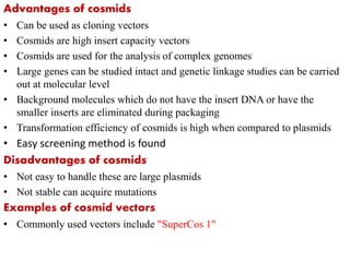 Advantages of cosmids
• Can be used as cloning vectors
• Cosmids are high insert capacity vectors
• Cosmids are used for the analysis of complex genomes
• Large genes can be studied intact and genetic linkage studies can be carried
out at molecular level
• Background molecules which do not have the insert DNA or have the
smaller inserts are eliminated during packaging
• Transformation efficiency of cosmids is high when compared to plasmids
• Easy screening method is found
Disadvantages of cosmids
• Not easy to handle these are large plasmids
• Not stable can acquire mutations
Examples of cosmid vectors
• Commonly used vectors include "SuperCos 1"
 