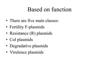 Based on function
• There are five main classes:
• Fertility F-plasmids
• Resistance (R) plasmids
• Col plasmids
• Degradative plasmids
• Virulence plasmids
 