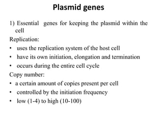 Plasmid genes
1) Essential genes for keeping the plasmid within the
cell
Replication:
• uses the replication system of the host cell
• have its own initiation, elongation and termination
• occurs during the entire cell cycle
Copy number:
• a certain amount of copies present per cell
• controlled by the initiation frequency
• low (1-4) to high (10-100)
 