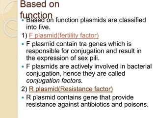 Based on
function Based on function plasmids are classified
into five.
1) F plasmid(fertility factor)
 F plasmid contain tra genes which is
responsible for conjugation and result in
the expression of sex pili.
 F plasmids are actively involved in bacterial
conjugation, hence they are called
conjugation factors.
2) R plasmid(Resistance factor)
 R plasmid contains gene that provide
resistance against antibiotics and poisons.
 