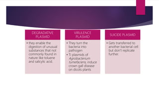 DEGRADATIVE
PLASMID
• they enable the
digestion of unusual
substances that not
commonly found in
nature like toluene
and salicylic acid.
VIRULENCE
PLASMID
• They turn the
bacteria into
pathogen
• Ti plasmids of
Agrobacterium
tumefaciens, induce
crown gall disease
on dicots plants
SUICIDE PLASMID
• Gets transferred to
another bacterial cell
but don’t replicate
further.
 