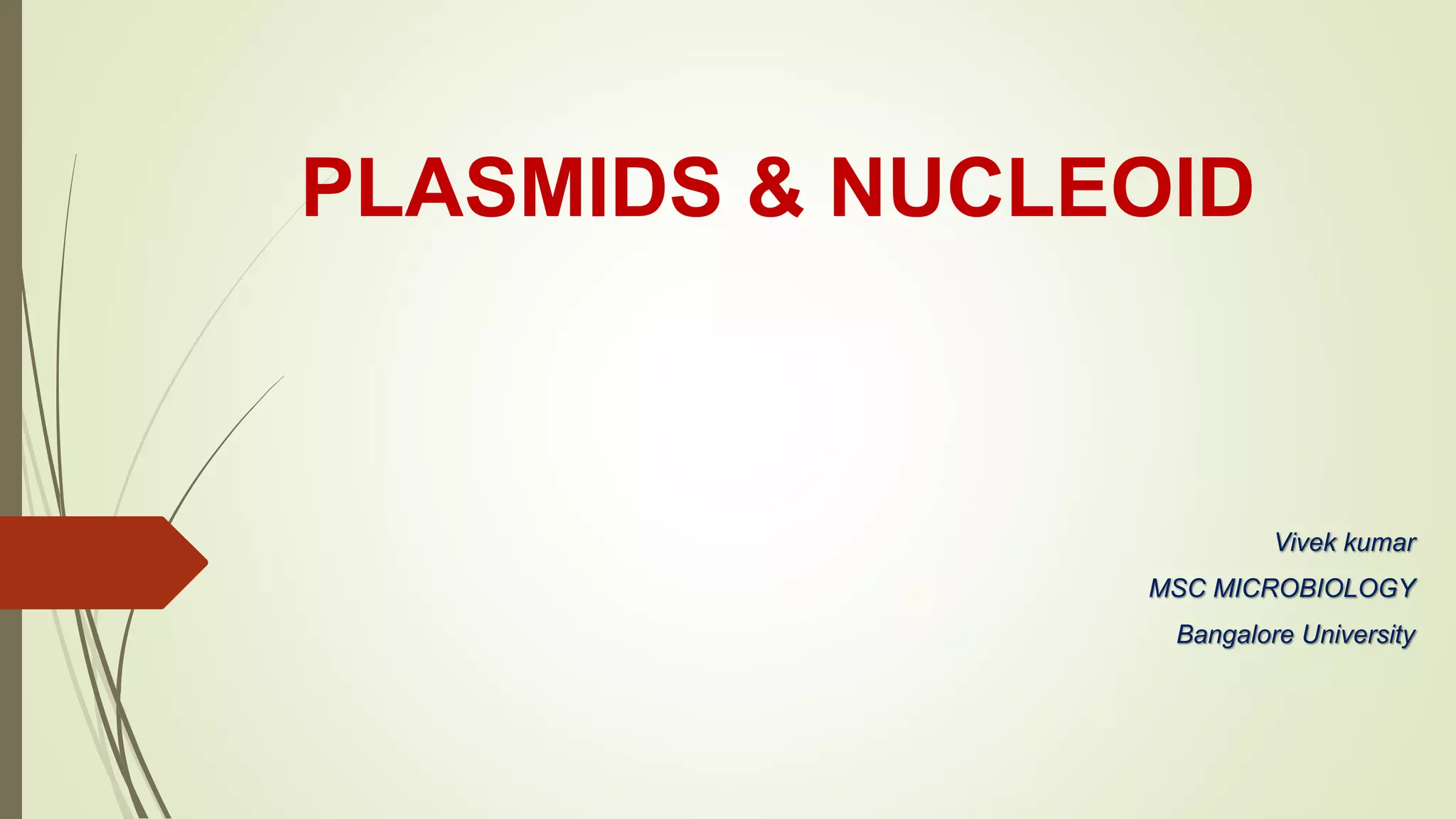 PLASMIDS & NUCLEOID
Vivek kumar
MSC MICROBIOLOGY
Bangalore University
 