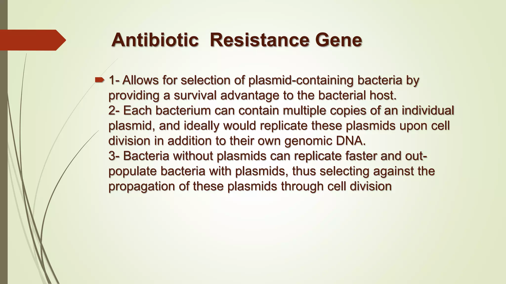  1- Allows for selection of plasmid-containing bacteria by
providing a survival advantage to the bacterial host.
2- Each bacterium can contain multiple copies of an individual
plasmid, and ideally would replicate these plasmids upon cell
division in addition to their own genomic DNA.
3- Bacteria without plasmids can replicate faster and out-
populate bacteria with plasmids, thus selecting against the
propagation of these plasmids through cell division
Antibiotic Resistance Gene
 