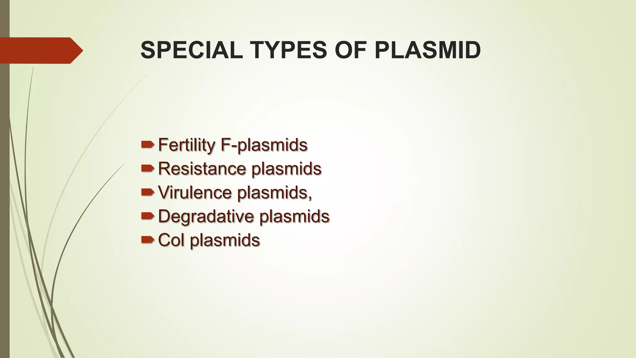 SPECIAL TYPES OF PLASMID
Fertility F-plasmids
Resistance plasmids
Virulence plasmids,
Degradative plasmids
Col plasmids
 