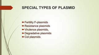 SPECIAL TYPES OF PLASMID
Fertility F-plasmids
Resistance plasmids
Virulence plasmids,
Degradative plasmids
Col plasmids
 