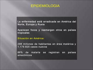 EPIDEMIOLOGIA La enfermedad está erradicada en América del Norte, Europa y Rusia Aparecen focos y reemergen otros en países tropicales Situación en América: 298 millones de habitantes en área malárica y 1.179.825 casos nuevos 86% de malaria se registran en países amazónicos 