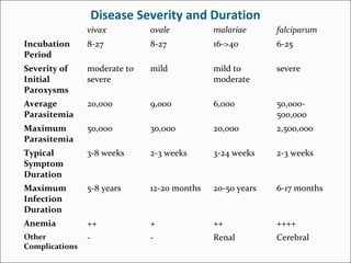 Disease Severity and Duration
vivax ovale malariae falciparum
Incubation
Period
8-27 8-27 16->40 6-25
Severity of
Initial
Paroxysms
moderate to
severe
mild mild to
moderate
severe
Average
Parasitemia
20,000 9,000 6,000 50,000-
500,000
Maximum
Parasitemia
50,000 30,000 20,000 2,500,000
Typical
Symptom
Duration
3-8 weeks 2-3 weeks 3-24 weeks 2-3 weeks
Maximum
Infection
Duration
5-8 years 12-20 months 20-50 years 6-17 months
Anemia ++ + ++ ++++
Other
Complications
- - Renal Cerebral
 