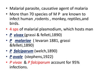• Malarial parasite, causative agent of malaria
• More than 70 species of M P are known to
infect human ,rodents , monkey, reptiles,and
birds.
• 4 sps of malarial plasmodium, which hosts man
• P vivax (grassi & felleti,1890)
• P malariae ( levaran 1881, grassi
&felleti,1890)
• P falciparum (welch,1890)
• P ovale (stephens,1922)
• P vivax & P falciparum account for 95%
infections.
 