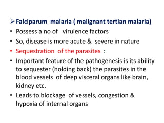 Falciparum malaria ( malignant tertian malaria)
• Possess a no of virulence factors
• So, disease is more acute & severe in nature
• Sequestration of the parasites :
• Important feature of the pathogenesis is its ability
to sequester (holding back) the parasites in the
blood vessels of deep visceral organs like brain,
kidney etc.
• Leads to blockage of vessels, congestion &
hypoxia of internal organs
 
