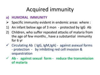 Acquired immunity
a) HUMORAL IMMUNITY
 Specific immunity evident in endemic areas where :
1) An infant below age of 3 mon - protected by IgG Ab
2) Children, who suffer repeated attacks of malaria from
the age of few months , have a substantial immunity
for 6 yr
 Circulating Ab ( IgG, IgM,IgA) - against asexual forms
- protection - by inhibiting red cell invasion &
sequestration
 Ab - against sexual form - reduce the transmission
of malaria
 