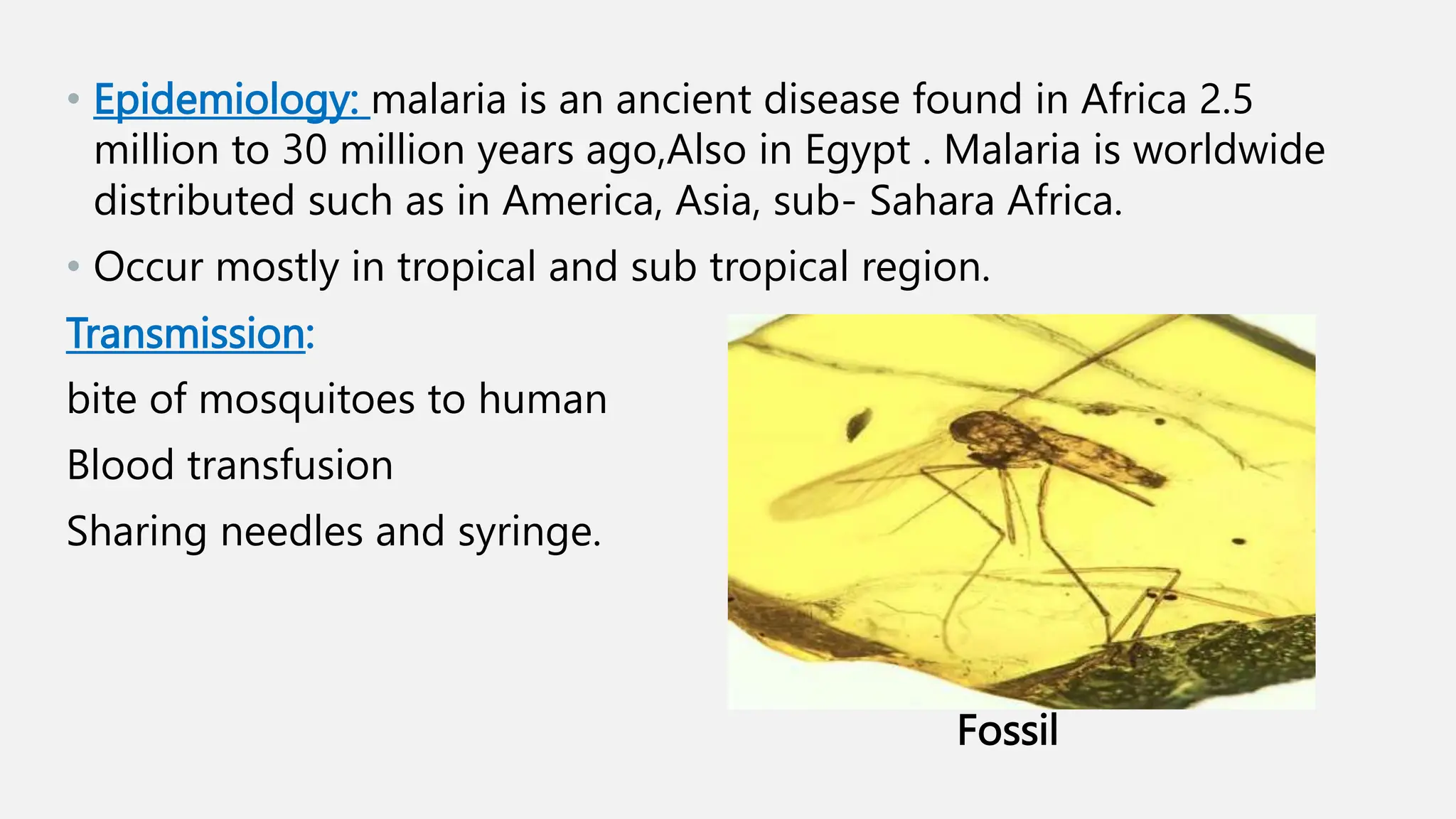 • Epidemiology: malaria is an ancient disease found in Africa 2.5
million to 30 million years ago,Also in Egypt . Malaria is worldwide
distributed such as in America, Asia, sub- Sahara Africa.
• Occur mostly in tropical and sub tropical region.
Transmission:
bite of mosquitoes to human
Blood transfusion
Sharing needles and syringe.
Fossil
 