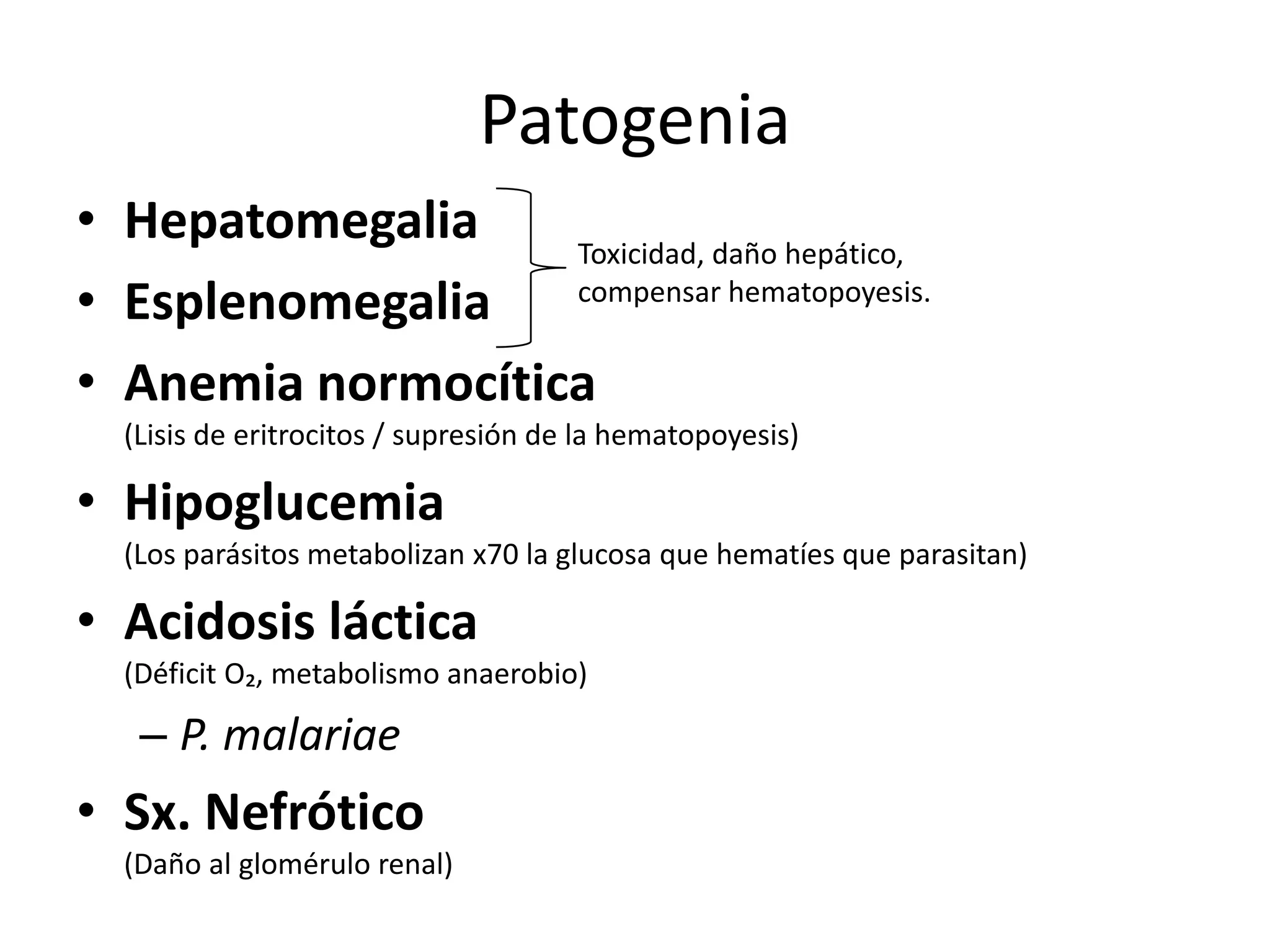 PatogeniaHepatomegaliaEsplenomegaliaAnemia normocítica(Lisis de eritrocitos / supresión de la hematopoyesis)Hipoglucemia (Los parásitos metabolizan x70 la glucosa que hematíes que parasitan)Acidosis láctica (Déficit O₂, metabolismo anaerobio)P. malariaeSx.Nefrótico(Daño al glomérulo renal) Toxicidad, daño hepático,  compensar hematopoyesis.