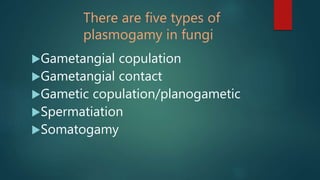 There are five types of
plasmogamy in fungi
Gametangial copulation
Gametangial contact
Gametic copulation/planogametic
Spermatiation
Somatogamy
 