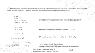 ◎Metamaterials are artificial periodic structures with lattice constants that are much smaller than the wavelength
of the incident radiation. Therefore providing negative refractive index characteristics[15*]
23/49
Connection between macroscopic fields and charge density
Frequency dependent dielectric constant
Dielectric constant –index of refraction relationship
n(ω)- dispersion in the medium,
κ(ω) (extinction coeﬃcient)-determines the absorption.
[26]L Solymar, E Shamonina Waves in
metamaterials Oxford University Press(2009)
 