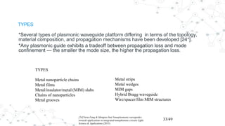 TYPES
*Several types of plasmonic waveguide platform differing in terms of the topology,
material composition, and propagation mechanisms have been developed [24*].
*Any plasmonic guide exhibits a tradeoff between propagation loss and mode
confinement — the smaller the mode size, the higher the propagation loss.
[24]Yurui Fang & Mengtao Sun Nanoplasmonic waveguides:
towards applications in integrated nanophotonic circuits Light:
Science & Applications (2015)
33/49
TYPES
Metal nanoparticle chains
Metal films
Metal/insulator/metal (MIM) slabs
Chains of nanoparticles
Metal grooves
Metal strips
Metal wedges
MIM gaps
Hybrid Bragg waveguide
Wire/spacer/film MIM structures
 