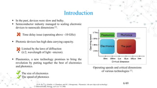 Introduction
6/49
Operating speeds and critical dimensions
of various technologies [1].
 In the past, devices were slow and bulky.
 Semiconductor industry managed to scaling electronic
devices to nanoscale dimensions [2].
 Time delay issue (operating above ~10 GHz)
 Photonic devices has high data carrying capacity.
 Limited by the laws of diffraction
 (λ/2, wavelength of light ~micron).
 Plasmonics, a new technology promises to bring the
revolution by putting together the best of electronics
and photonics.
 The size of electronics
 The speed of photonics
[2] R. Zia, J. A. Schuller, A. Chandran, and M. L. Brongersma, ‘Plasmonics: the next chip-scale technology’,
Materialstoday, Elsevier, vol.9, no.7-8, 2006.
 