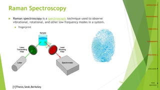 Raman Spectroscopy
 Raman spectroscopy is a spectroscopic technique used to observe
vibrational, rotational, and other low-frequency modes in a system.
 fingerprint
13
CONCLUSION
YOUR
QUESTIONS
[1]Thesis,Seok,Berkeley
/26
 