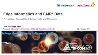 Edge Informatics and FAIR* Data
Tom Plasterer, PhD
Research & Development Information (RDI); US Cross-Science Director 20 February 2017
Integrated Pharma Informatics
* Findable, Accessible, Interoperable and Reusable
 