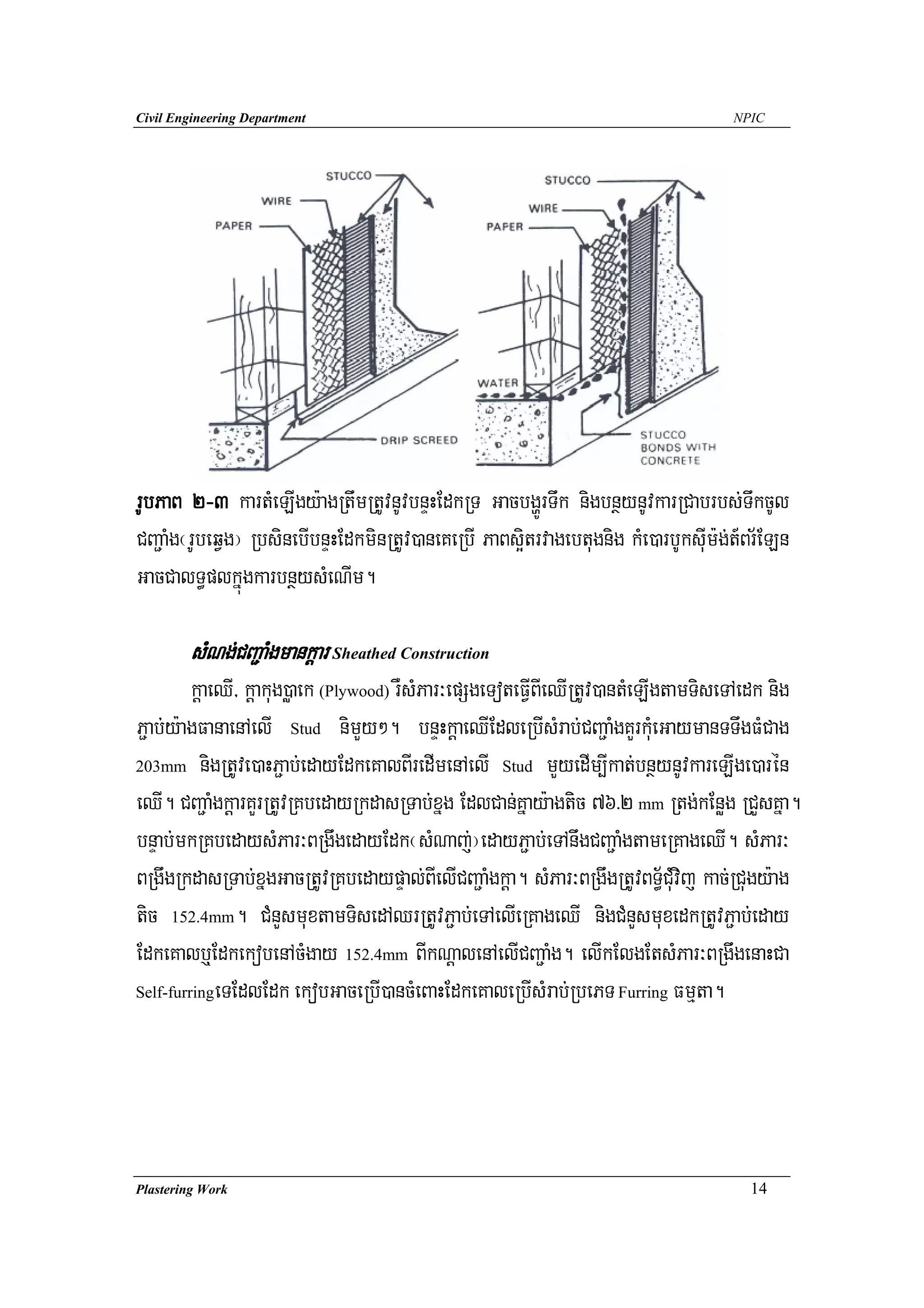 Civil Engineering Department                                                         NPIC




rUbPaB 2-3 kartMeLIgy:agRtwmRtUvnUvbnÞHEdkRT GacbgðÚrTwk nigbnßynUvkarRCabrbs;TwkcUl
CBa¢aMg¬rUbeqVg¦ RbsinebIbnÞHEdkminRtUv)aneKeRbI PaBs¥itrvagebtugnig kMe)arbUksuIm:g;t_Br½ELn
GacCalT§plkñúgkarbnßysMeNIm.

        sMNg;CBa¢aMgmankþar Sheathed Construction
         kþaeQI/ kþakug)øaek (Plywood) rWsMPar³epSgeToteFVIBIeQIRtUv)antMeLIgtamTiseTAedk nig
P¢ab;y:agFanaenAelI Stud nimYy². bnÞHkþaeQIEdleRbIsMrab;CBa¢aMgKYrkuMeGaymanTTwgFMCag
203mm nigRtUve)aHP¢ab;edayEdkeKalBIredImenAelI Stud mYyedIm,Ikat;bnßynUvkareLIge)arén

eQI. CBa¢aMgkþarKYrRtUvRKbedayRkdasRTab;xñg EdlCan;Kñay:agtic 76>2 mm Rtg;kEnøg RCYsKña.
bnÞab;mkRKbedaysMPar³BRgwgedayEdk¬sMNaj;¦edayP¢ab;eTAnwgCBa¢aMgtameRKageQI. sMPar³
BRgwgRkdasRTab;xñgGacRtUvRKbedaypÞal;BIelICBa¢aMgkþa. sMPar³BRgwgRtUvBT§½CuMvij kac;RCugy:ag
tic 152.4mm. CMnYsmuxtamTisedAQrRtUvP¢ab;eTAelIeRKageQI nigCMnYsmuxedkRtUvP¢ab;eday
EdkeKalb¤EdkekobenAcMgay 152.4mm BIkNþalenAelICBa¢aMg. elIkElgEtsMPar³BRgwgenaHCa
Self-furringeTEdlEdk ekobGaceRbI)ancMeBaHEdkeKaleRbIsMrab;RbePT Furring Fmμta.




Plastering Work                                                                        14
 