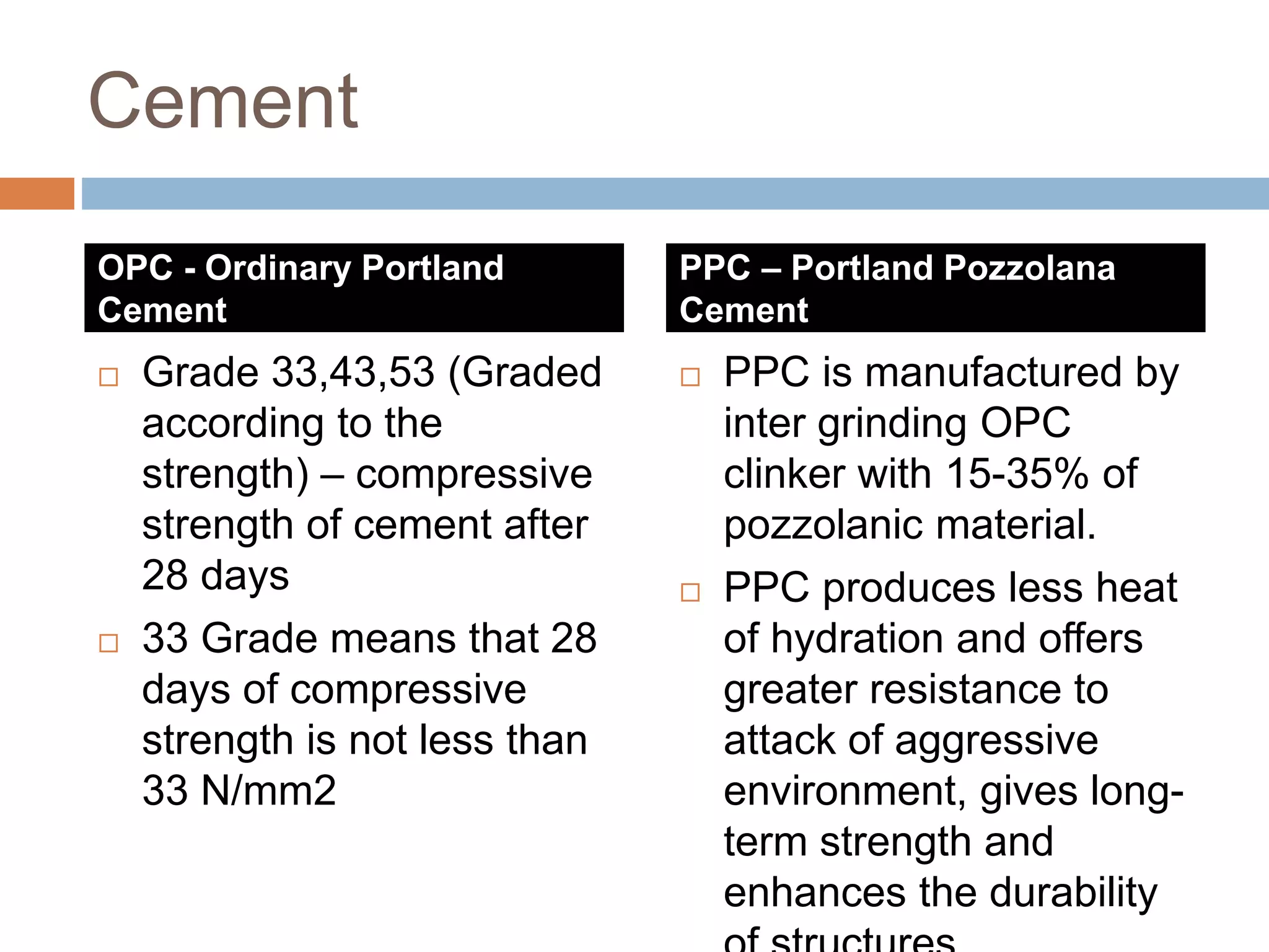 Cement
 Grade 33,43,53 (Graded
according to the
strength) – compressive
strength of cement after
28 days
 33 Grade means that 28
days of compressive
strength is not less than
33 N/mm2
 PPC is manufactured by
inter grinding OPC
clinker with 15-35% of
pozzolanic material.
 PPC produces less heat
of hydration and offers
greater resistance to
attack of aggressive
environment, gives long-
term strength and
enhances the durability
OPC - Ordinary Portland
Cement
PPC – Portland Pozzolana
Cement
 