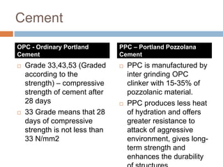 Cement
 Grade 33,43,53 (Graded
according to the
strength) – compressive
strength of cement after
28 days
 33 Grade means that 28
days of compressive
strength is not less than
33 N/mm2
 PPC is manufactured by
inter grinding OPC
clinker with 15-35% of
pozzolanic material.
 PPC produces less heat
of hydration and offers
greater resistance to
attack of aggressive
environment, gives long-
term strength and
enhances the durability
OPC - Ordinary Portland
Cement
PPC – Portland Pozzolana
Cement
 