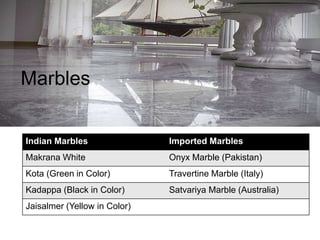 Marbles
Indian Marbles Imported Marbles
Makrana White Onyx Marble (Pakistan)
Kota (Green in Color) Travertine Marble (Italy)
Kadappa (Black in Color) Satvariya Marble (Australia)
Jaisalmer (Yellow in Color)
 