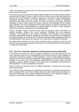 June, 2006                                                              PLASTIC Consortium


Table 1 summarizes in a point-to-point view the previous discussion about service orientation
and component orientation.
The growing request of dynamic and mobile software systems that are able to exploit available
resources and to adapt to them in order to achieve a certain level of QoS has pointed out
several limits of the component orientation approach for this type of software applications.
Component orientation does not provide mechanisms crucial for mobile and adaptable
applications that need to evolve the system at run-time. As reported in the table, component
orientation (i) has no native support for dynamic discovery and availability and (ii) it allows
easy integration only at the assembly-time that makes dynamic component substitution very
difficult to implement. These limitations are strictly related to the lack of clear separation
between the component description and its implementations.
Service orientation instead overcomes these limits by providing useful mechanisms for
dynamic evolution. However, the service orientation, differently from the component
orientation, is more abstract. In fact, it does not describe or give indications on how services
should be implemented, leaving to developers the freedom to choose the way to implement
the software services. On the other hand, component orientation allows excellent structuring of
the implementation code easing the integration and maintenance of available components.
We believe that component and the service orientation can be combined to overcome the
limits and the lacks of both approaches. We discuss in the following section how we propose
to realize such combination.



4.3.2 Our view: a two-layer approach combining services and components
In this section we present our vision of software architectures in the B3G domain [23]. The
vision has been driven from the characteristics of this domain that force a tight integration of
component and service concepts. In B3G applications services should always guarantee a
certain level of QoS to the consumer despite the heterogeneity and richness of the underlying
networks. At the same time, the components implementing the services should have the
capability to adapt to different contexts. In few words, QoS and adaptation are the keywords
that characterize the vision presented in this section.
Figure 21 shows our two-layer vision of a software application. The layers are: service layer
and component layer.
The component layer represents the computing environment for networked services that is
able to manage the life cycle of the software components while delivering functionalities for a
device from anywhere in the network. Software components can be deployed, updated, or
removed on the fly without interrupting the operativity of the device.




PLASTIC IST-26955                                                                       86/98
 