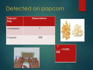 Detected on popcorn 
Popcorn 
Bag 
Observations 
unpopped 7 
Popped 208 
7 
____ = 0.033 
208 
 