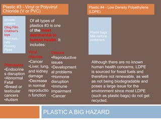 PLASTIC A BIG HAZARD
Phthalates
•Endocrine
s disruption
•Abnormal
Fetal
•Breast or
testicular
cancers
•Autism
Of all types of
plastics #3 is one
of the most
detrimental to
human health. It
includes:
Plastic #3 - Vinyl or Polyvinyl
Chloride (V or PVC)
Shower
curtains
Cling Film
Children's
toys
Pool toys,
rafts
Fencing
Pipes
Vinyl
chloride
•Cancer
•Liver, lung,
and kidney
damage
•Decrease
in normal
reproductio
n function
Plastic #4 - Low Density Polyethylene
(LDPE)
Plastic bags
Milk cartons
containers
Although there are no known
human health concerns, LDPE
is sourced for fossil fuels and
therefore not renewable, as well
as not being biodegradable and
poses a large issue for the
environment since most LDPE
(such as plastic bags) do not get
recycled.
Dioxins
•Reproductive
issues
•Development
al problems
•Hormone
disruption
•Immune
impairment
•Cancer
 