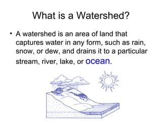 What is a Watershed? A watershed is an area of land that captures water in any form, such as rain, snow, or dew, and drains it to a particular stream, river, lake, or  ocean . 