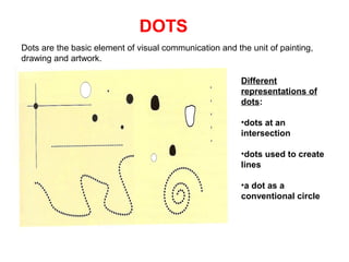 Dots are the basic element of visual communication and the unit of painting,
drawing and artwork.
DOTS
Different
representations of
dots:
•dots at an
intersection
•dots used to create
lines
•a dot as a
conventional circle
 