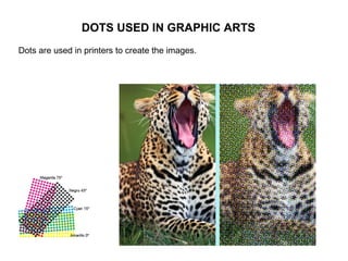 DOTS USED IN GRAPHIC ARTS
Dots are used in printers to create the images.
 