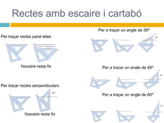 Rectes amb escaire i cartabó
Per traçar rectes paral·leles
Per traçar rectes perpendiculars
Per a traçar un angle de 30º
Per a traçar un angle de 45º
Per a traçar un angle de 60º
l'escaire resta fix
l'escaire resta fix
 