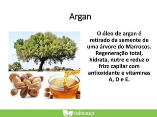 O óleo de argan é
retirado da semente de
uma árvore do Marrocos.
Regeneração total,
hidrata, nutre e reduz o
frizz capilar com
antioxidante e vitaminas
A, D e E.
Argan
 