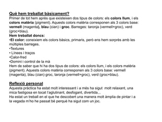 Què hem treballat bàsicament?Hem treballat els mateixos conceptes que en l’activitat anterior, tot i que, aquesta vegada la concentració era més important, ja que calia pensar quin pinzell utilitzar segons el traç que volguessis fer i com seria el teu gest per fer-lo.I també hem treballat  la distribució de l’espai, com en l’anterior pràctica.Aquesta pràctica m’ha agradat molt. Abans de començar-la la nostra professora ens va explicar una anècdota sobre un xinès al qual li van encarregar un dibuix i es va passar dies observant-lo fins que per fi, va decidir-se a fer-lo i el va fer en un tres i no res.La professora ens va dir que actuéssim com si fóssim aquest xinés, i així va ser, ja que abans de pintar amb la tinta, tothom va ser una prèvia observació de cada branca.Hagués estat interessant treballar sobre diferents suports com: paper pinotxo, arrugat... Ja que treballar sobre diferents superfícies vol dir trobar resultats diferents i m’hagués agradat veure-l’s.M’he ficat que sobre el paper hi ha hagut una distribució de l’espai. Hi havia companyes que pintaven la branca en un racó, altres com jo ho fèiem al centre, altres pintaven les branques grans, petites...Per a mi la pràctica s’ha fet curta, tot i que a altres, s’ha li ha fet llarga perquè no sabien què pintar.Reflexió personal: