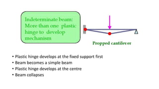 • Plastic hinge develops at the fixed support first
• Beam becomes a simple beam
• Plastic hinge develops at the centre
• Beam collapses
 